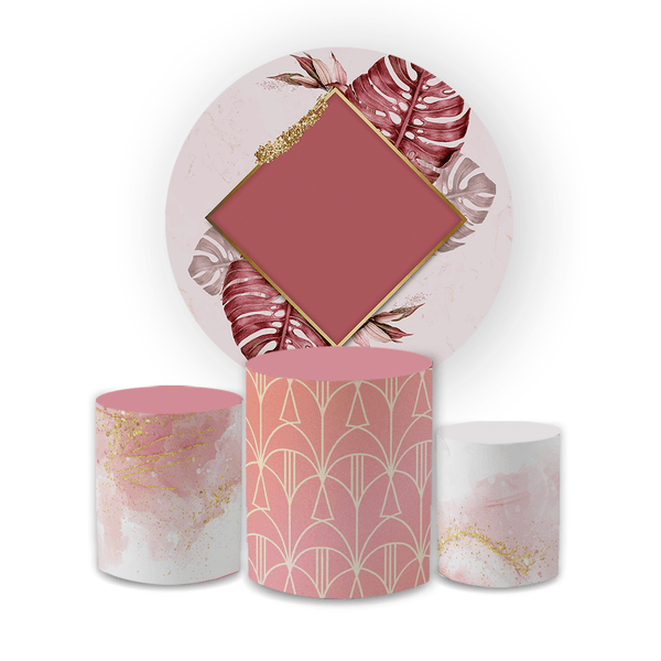 Kit Capa Painel Redondo + Trio Cilindros Decoração Festa Aniversário Floral Rosê Geométrico 