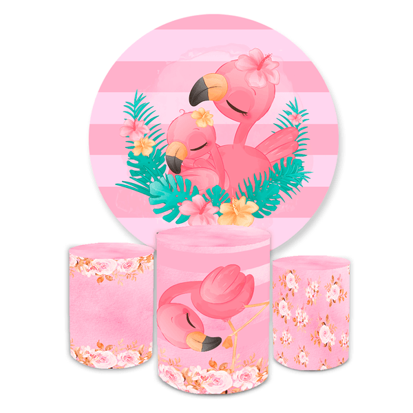 Kit Capa Painel Redondo + Trio Cilindros Decoração Festa Infantil Flamingo 
