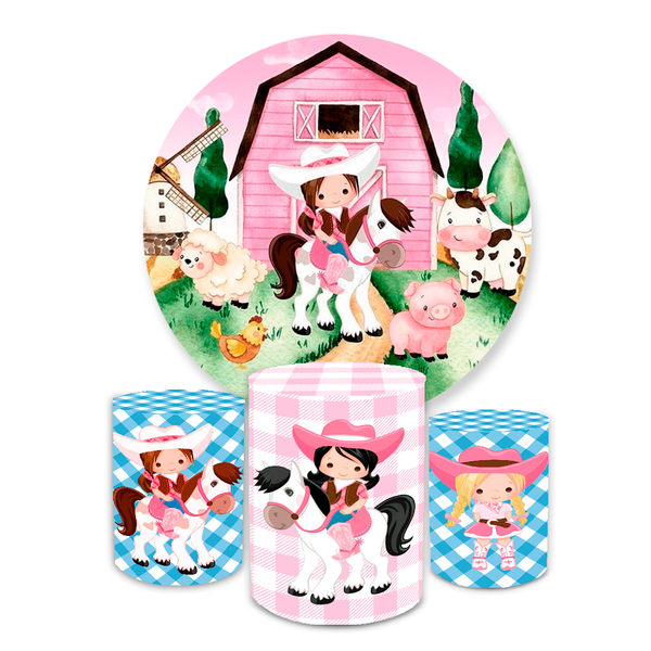 Kit Capa Painel Redondo + Trio Cilindros Decoração Festa Aniversário Infantil Fazendinha Rosa Menina 