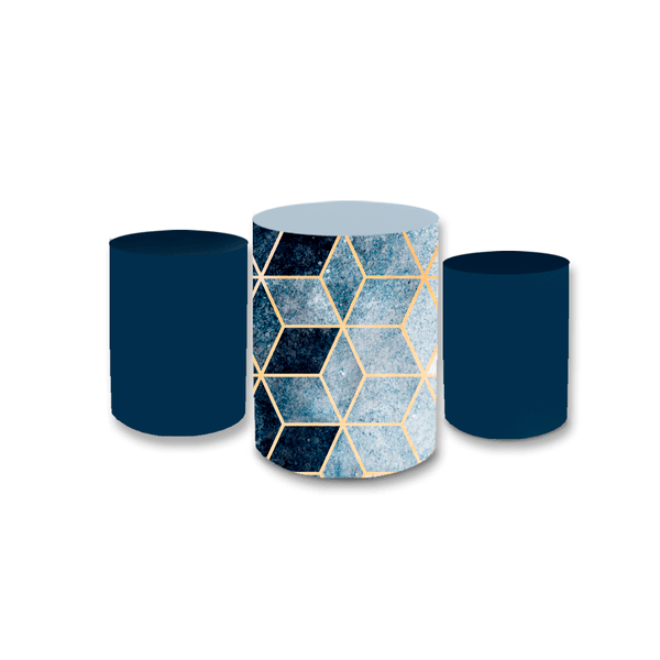 Kit Trio De Cilindros Geométrico Azul Escuro e Dourado