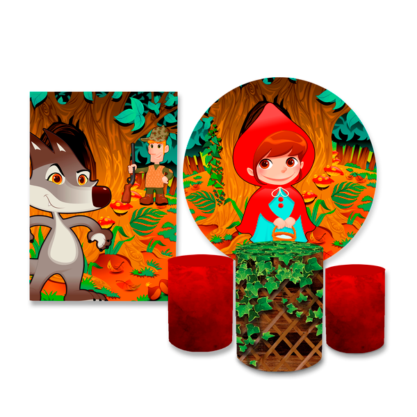 Kit Casadinho Capa Painel + Trio Capa Cilindro Decorativo Tema Chapéuzinho Vermelho