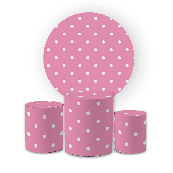 Kit Capa Painel Redondo + Trio Cilindros Decoração Festa Aniversário Tema Bolinhas Poá Rosa