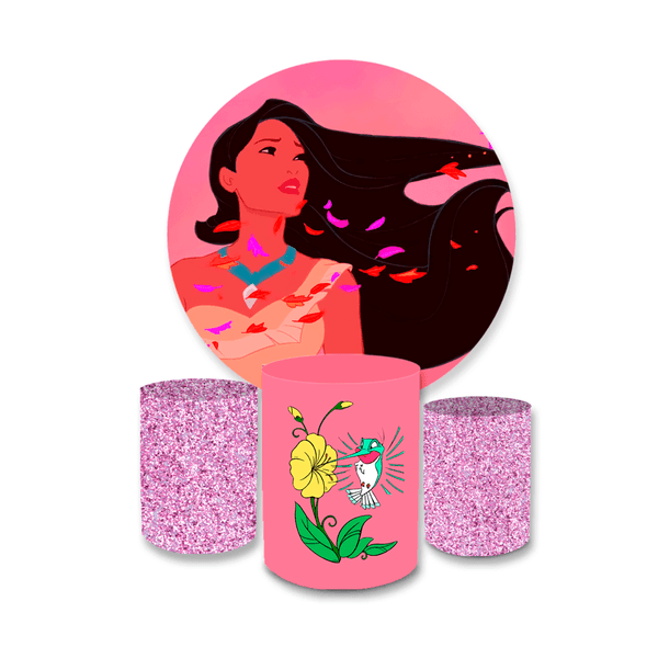 Kit Capa Painel Redondo + Trio Cilindros Decoração Festa Aniversário Infantil Tema Pocahontas