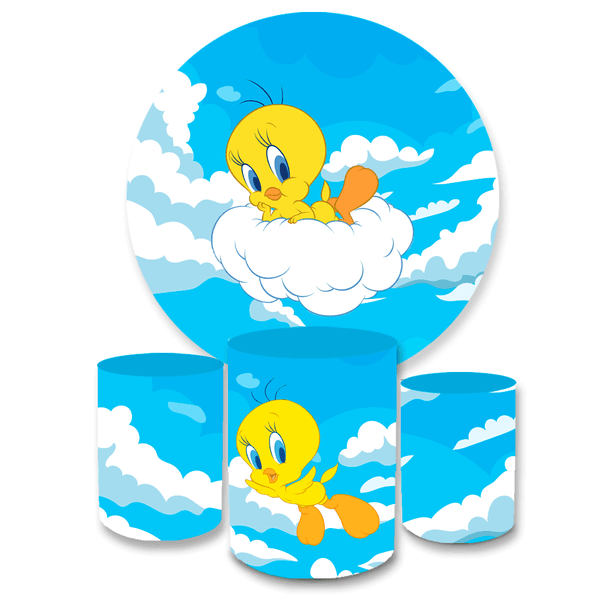 Kit Capa Painel Redondo + Trio Cilindros Decoração Festa Aniversário Infantil Desenho Tema Piu Piu