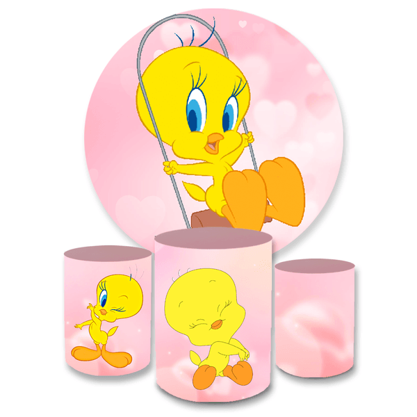 Kit Capa Painel Redondo + Trio Cilindros Decoração Festa Aniversário Infantil Desenho Tema Piu Piu 