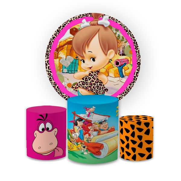 Kit Capa Painel Redondo + Trio Cilindros Decoração Festa Aniversário Infantil Tema Pedrita 