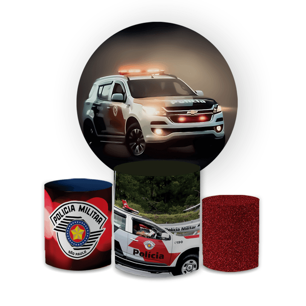 Kit Capa Painel Redondo + Trio Cilindros Decoração Festa Aniversário Policia Militar 