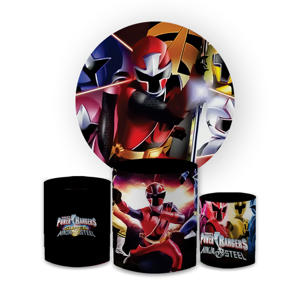 Kit Capa Painel Redondo + Trio Cilindros Decoração Festa Aniversário Infantil Tema Power Rangers