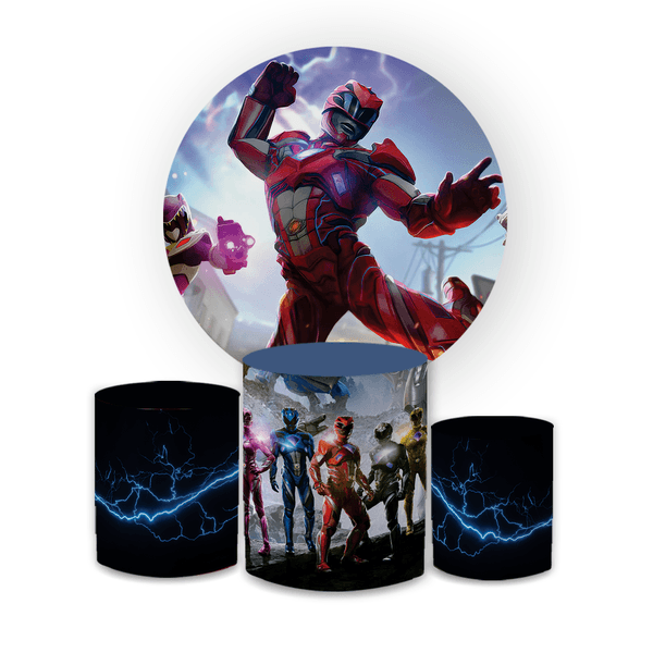 Kit Capa Painel Redondo + Trio Cilindros Decoração Festa Aniversário Infantil Tema Power Rangers 