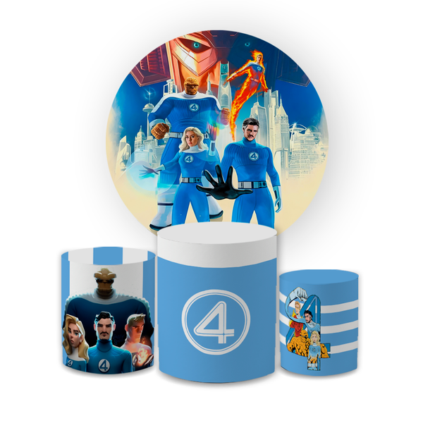 Kit Capa Painel Redondo + Trio Cilindros Decoração Festa Aniversário Infantil Tema Quarteto Fantástico