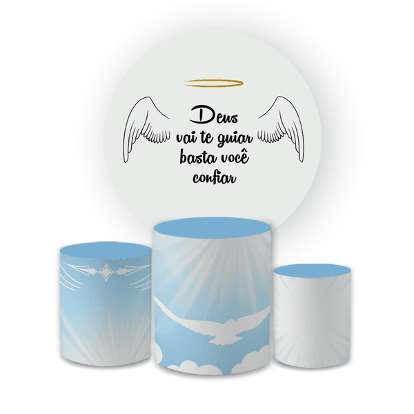 Kit Capa Painel Redondo + Trio Cilindros Decoração Festa Aniversário Religioso Frase 