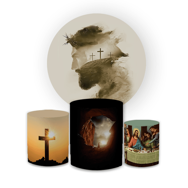 Kit Capa Painel Redondo + Trio Cilindros Decoração Festa Aniversário Religioso Jesus