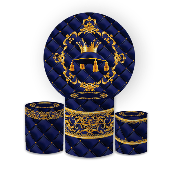 Kit Capa Painel Redondo + Trio Cilindros Decoração Festa Aniversário Tema Realeza Capitonê Azul 
