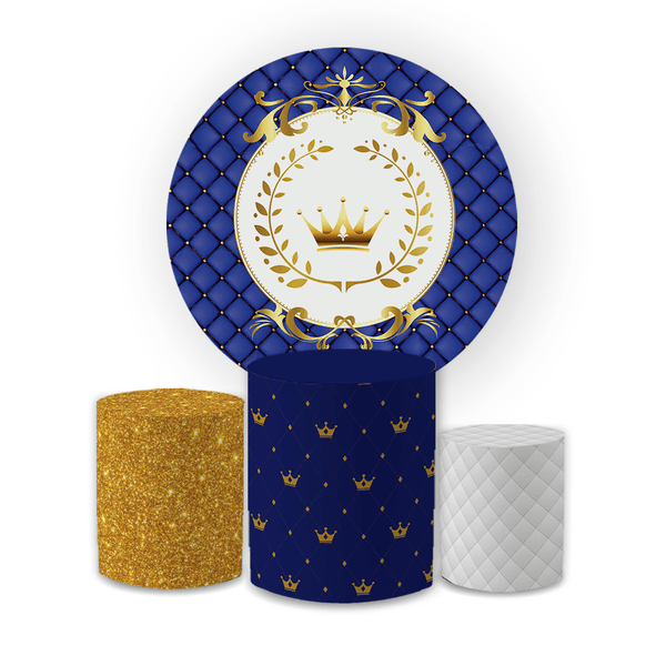 Kit Capa Painel Redondo + Trio Cilindros Decoração Festa Aniversário Tema Realeza Capitonê Azul