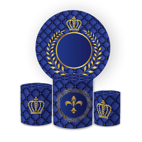 Kit Capa Painel Redondo + Trio Cilindros Decoração Festa Aniversário Tema Realeza Capitonê Azul 