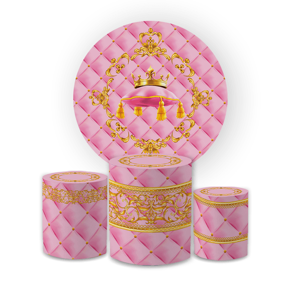 Kit Capa Painel Redondo + Trio Cilindros Decoração Festa Aniversário Tema Realeza Capitonê Rosa