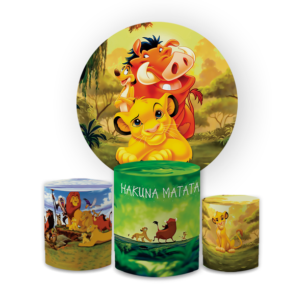 Kit Capa Painel Redondo + Trio Cilindros Decoração Festa Aniversário Infantil Tema Rei Leão 