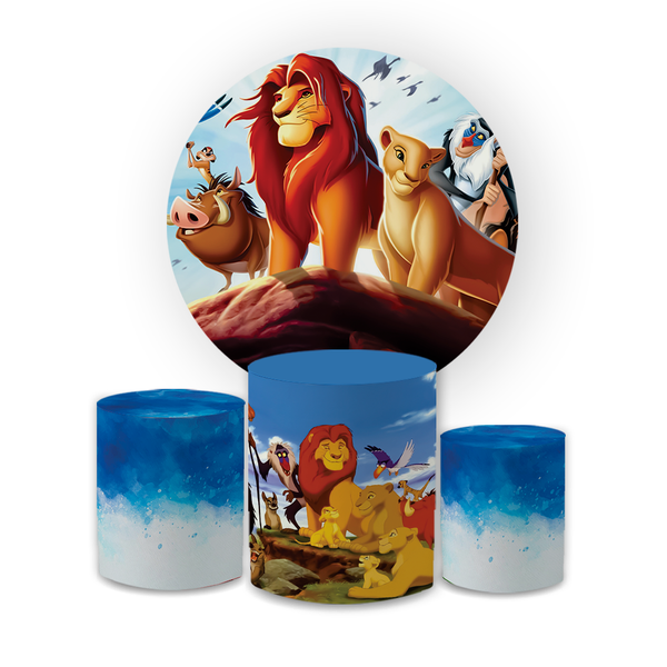 Kit Capa Painel Redondo + Trio Cilindros Decoração Festa Aniversário Infantil Tema Rei Leão 