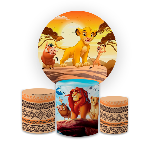 Kit Capa Painel Redondo + Trio Cilindros Decoração Festa Aniversário Infantil Tema Rei Leão