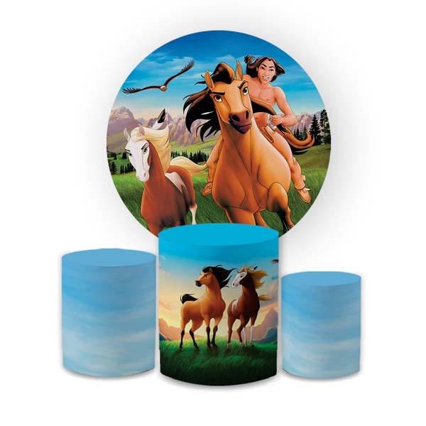 Kit Capa Painel Redondo + Trio Cilindros Decoração Festa Aniversário Infantil Spirit Cavalo 