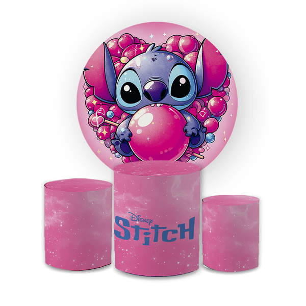 Kit Capa Painel Redondo + Trio Cilindros Decoração Festa Aniversário Infantil Stitch Doces 