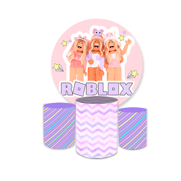 Kit Capa Painel Redondo + Trio Cilindros Decoração Festa Aniversário Infantil Menina Tema Roblox 