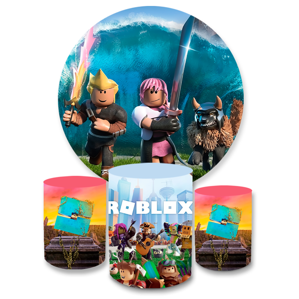 Kit Capa Painel Redondo + Trio Cilindros Decoração Festa Aniversário Infantil Tema Roblox 