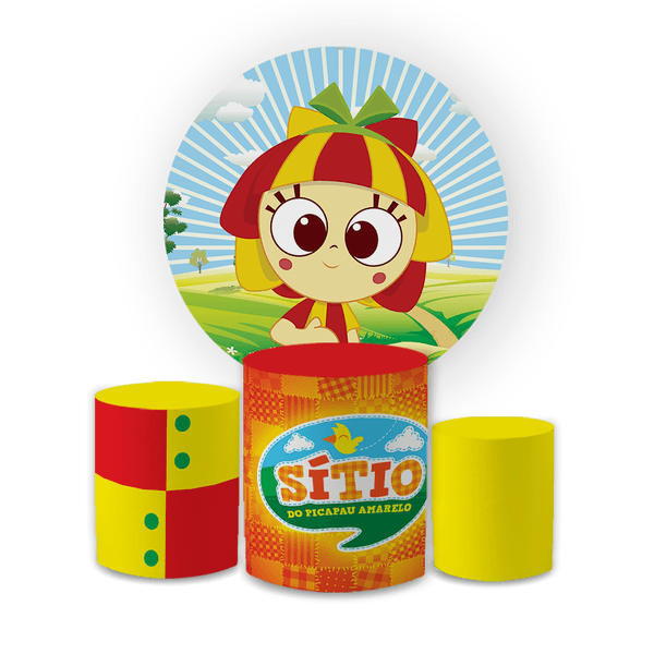 Kit Capa Painel Redondo + Trio Cilindros Decoração Festa Aniversário Infantil Sítio do Pica Pau Amarelo