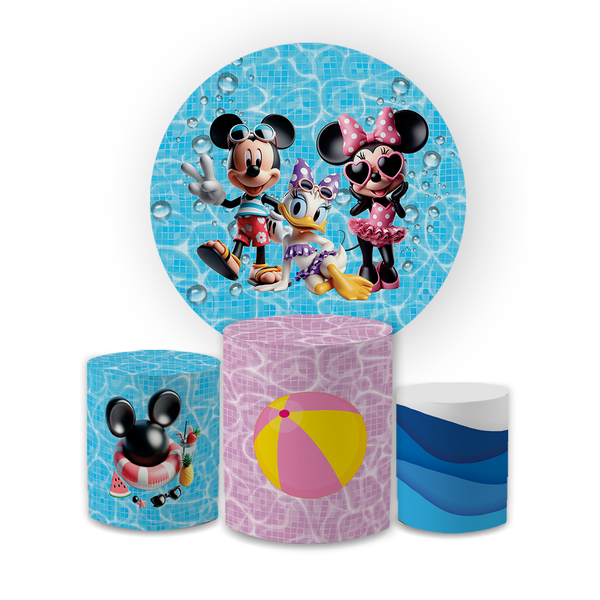 Kit Capa Painel Redondo + Trio Cilindros Decoração Festa Aniversário Infantil Turma do Mickey Pool Party