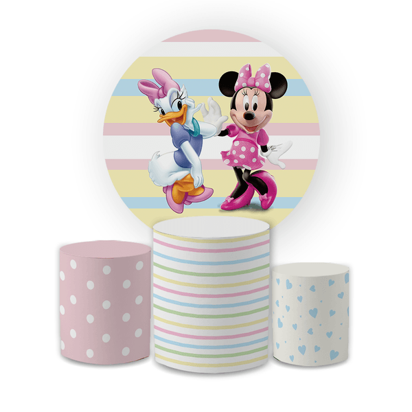 Kit Capa Painel Redondo + Trio Cilindros Decoração Festa Aniversário Infantil Minnie e Margarida