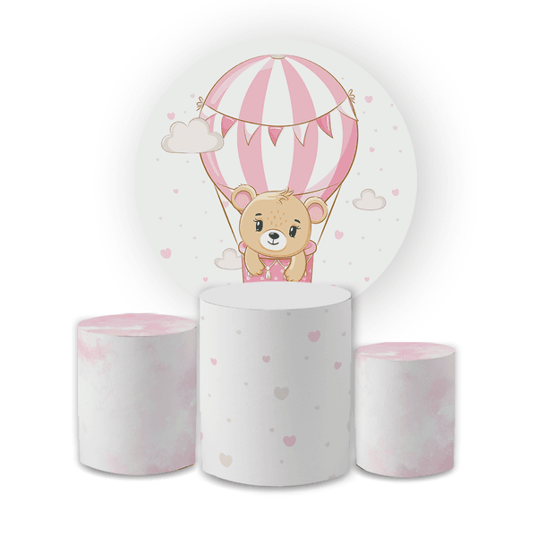 Kit Capa Painel Redondo + Trio Cilindros Decoração Festa Infantil Chá de Bebê Ursinha Baloeira Rosa 