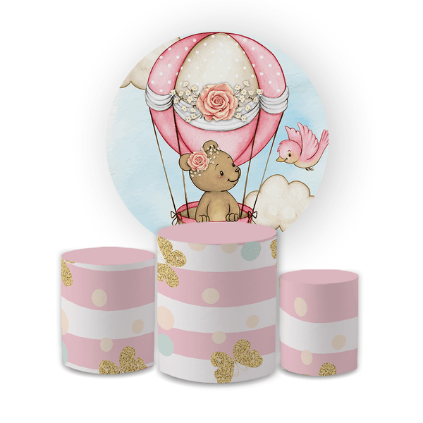 Kit Capa Painel Redondo + Trio Cilindros Decoração Festa Infantil Chá de Bebê Ursinha Baloeira Rosa
