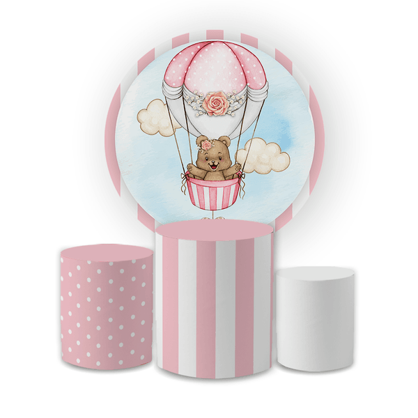 Kit Capa Painel Redondo + Trio Cilindros Decoração Festa Infantil Chá de Bebê Ursinha Baloeira Rosa 