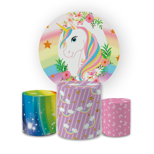Kit Capa Painel Redondo + Trio Cilindros Decoração Festa Aniversário Tema Menina Infantil Unicórnio Flores