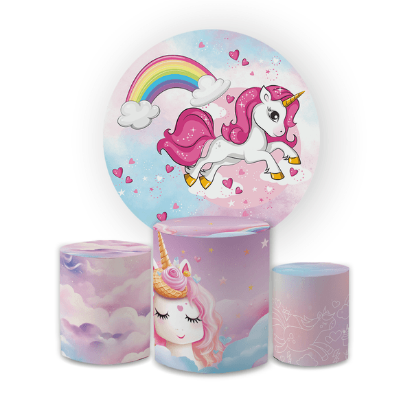 Kit Capa Painel Redondo + Trio Cilindros Decoração Festa Aniversário Tema Menina Infantil Unicórnio Cute 