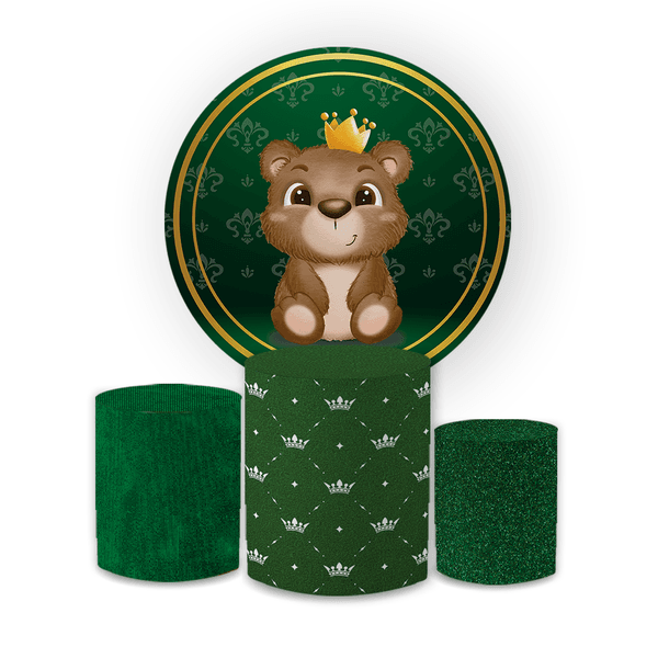 Kit Capa Painel Redondo + Trio Cilindros Decoração Festa Infantil Chá de Bebê Ursinho Realeza Verde