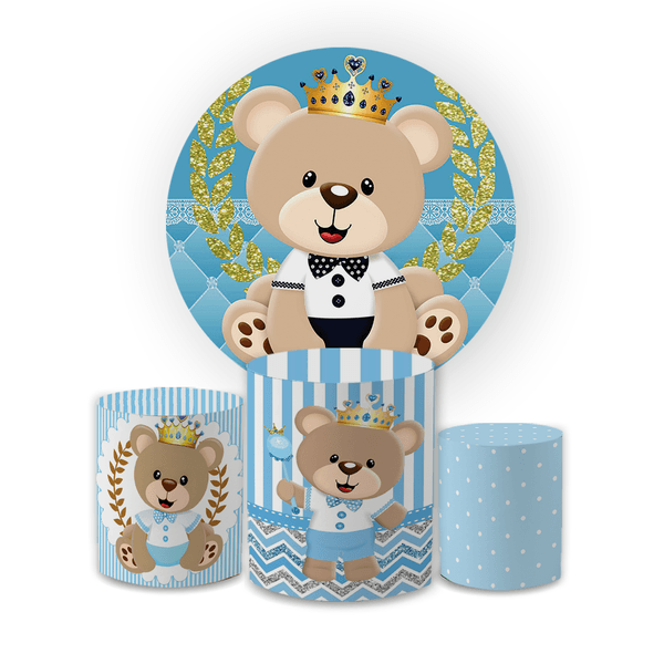 Kit Capa Painel Redondo + Trio Cilindros Decoração Festa Infantil Chá de Bebê Ursinho Realeza Azul 