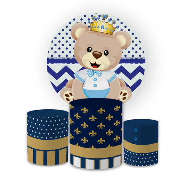 Kit Capa Painel Redondo + Trio Cilindros Decoração Festa Infantil Chá de Bebê Ursinho Realeza Azul 