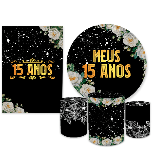 Kit Casadinho Capa Painel Redondo + Retangular + Trio Capas de Cilindro Tema 15 Anos Decoração Aniversário Brilhante