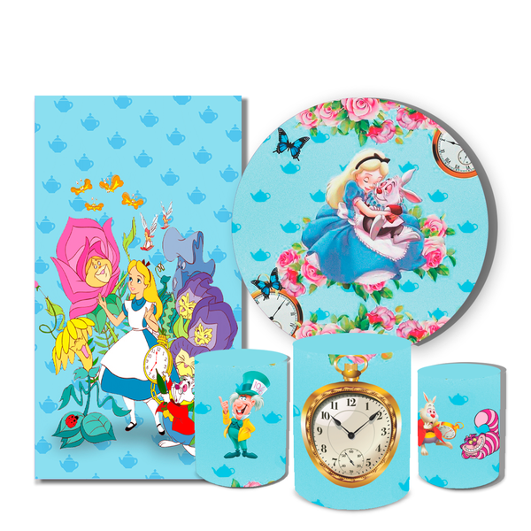 Kit Casadinho Capa Painel Redondo + Retangular + Trio Capas de Cilindro Tema Alice Pais das Maravilhas Desenha Infantil Menina Decora