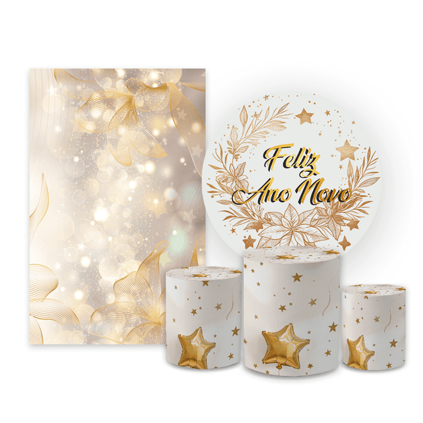 Kit Casadinho Capa Painel Redondo + Retangular + Trio Capas de Cilindro Tema Ano Novo Data Especial Comemoração