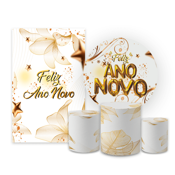 Kit Casadinho Capa Painel Redondo + Retangular + Trio Capas de Cilindro Tema Ano Novo Data Especial Comemoração