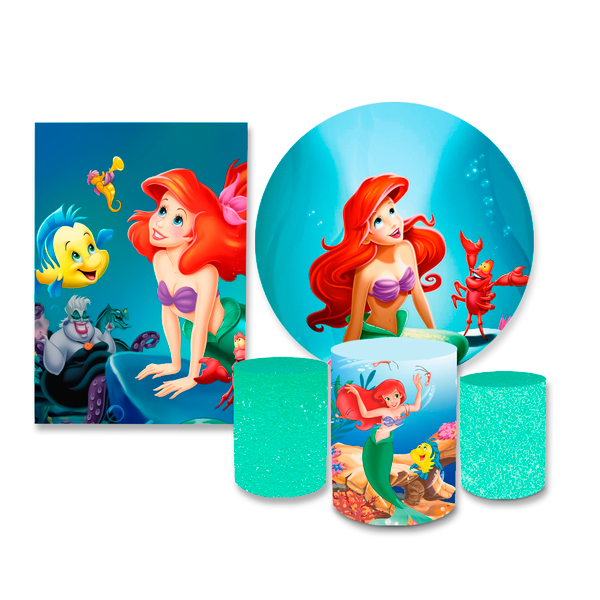 Kit Casadinho Capa Painel Redondo + Retangular + Trio Capas de Cilindro Tema Ariel Pequena Sereia Decoração Infantil