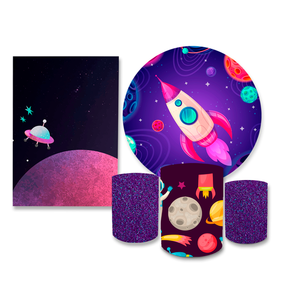 Kit Casadinho Capa Painel Redondo + Retangular + Trio Capas de Cilindro Tema Astronauta Decoração Menino Infantil