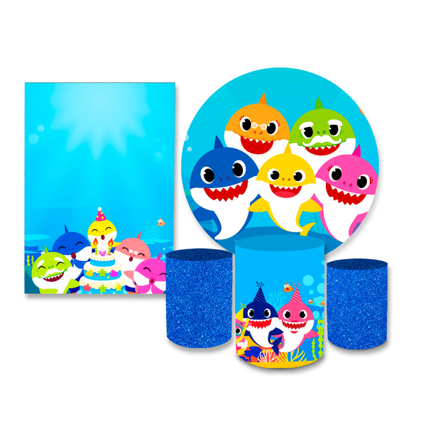 Kit Casadinho Capa Painel Redondo + Retangular + Trio Capas de Cilindro Tema Baby Shark Infantil Decoração