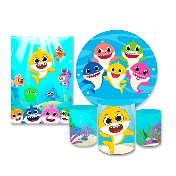 Kit Casadinho Capa Painel Redondo + Retangular + Trio Capas de Cilindro Tema Baby Shark Infantil Decoração