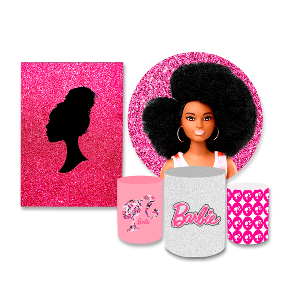 Kit Casadinho Capa Painel Redondo + Retangular + Trio Capas de Cilindro Tema Barbie Girl Menina Decoração