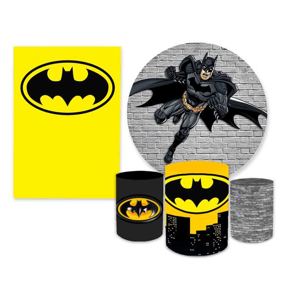 Kit Casadinho Capa Painel Redondo + Retangular + Trio Capas de Cilindro Tema Batman Herói Decoração Menino