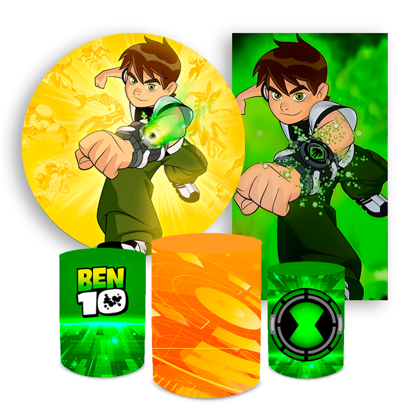 Kit Casadinho Capa Painel Redondo + Retangular + Trio Capas de Cilindro Tema Ben 10 Decoração Menino Herói