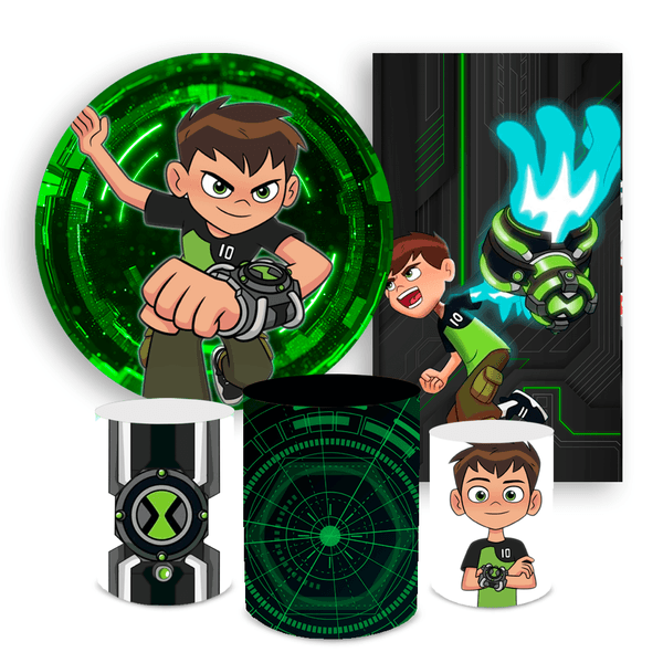 Kit Casadinho Capa Painel Redondo + Retangular + Trio Capas de Cilindro Tema Ben 10 Decoração Menino Herói